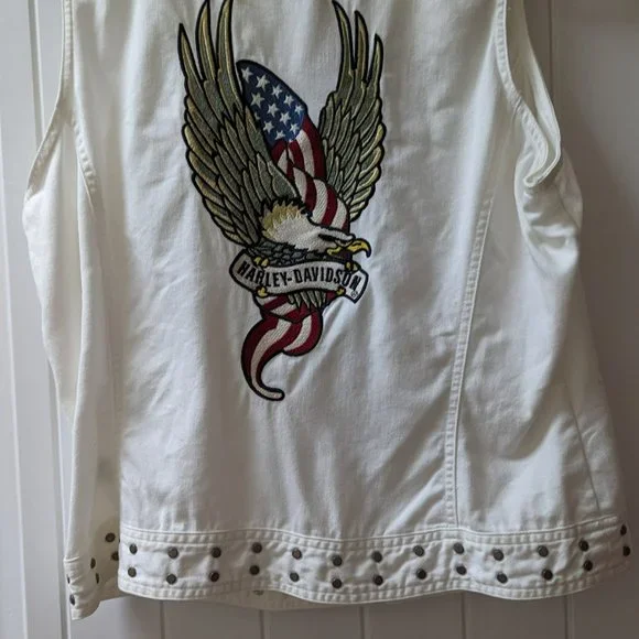 Harley Davidson Ladies White Sleeveless Cotton Vest with Eagle Applique on Back - Picture 2 of 4